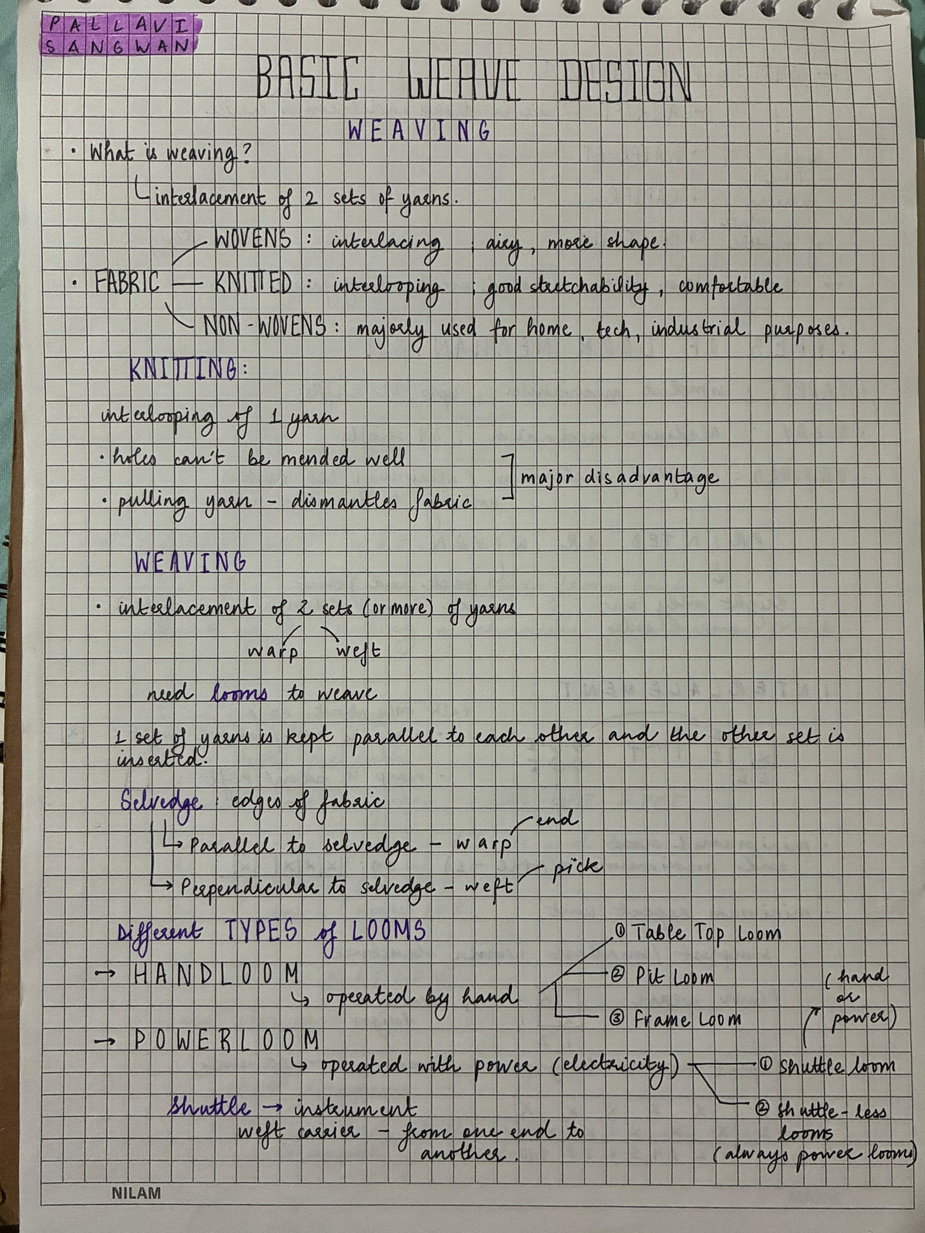 Notebook page — Basic Weave Design opening notes