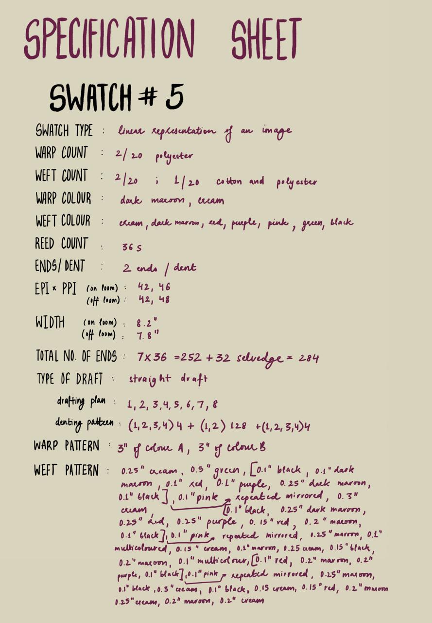 Specification sheet for Swatch 5 — linear representation of an image, with full warp and weft details