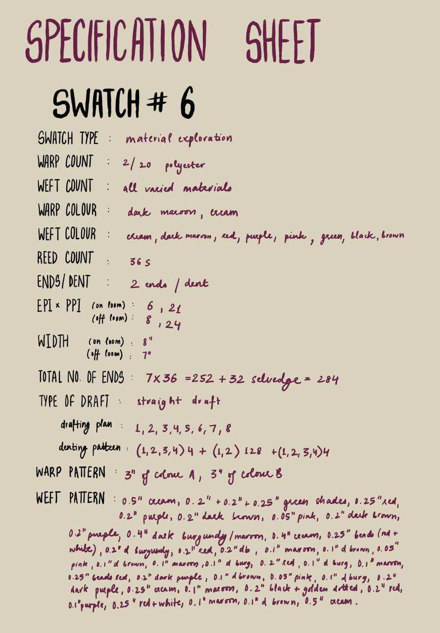 Specification sheet for Swatch 6 — material exploration with full weft pattern in inches