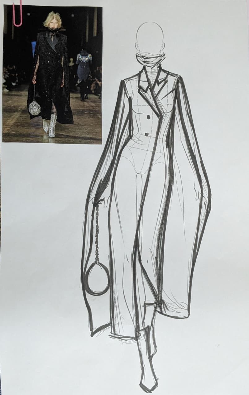 Line drawing illustration of an Alexander McQueen silhouette from Fall 2025 collection