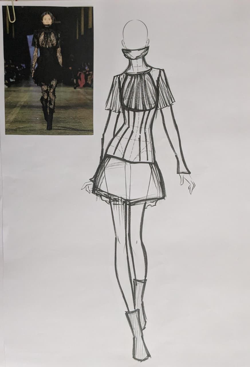 Detailed line drawing illustration of a McQueen silhouette, showing construction lines and proportion details