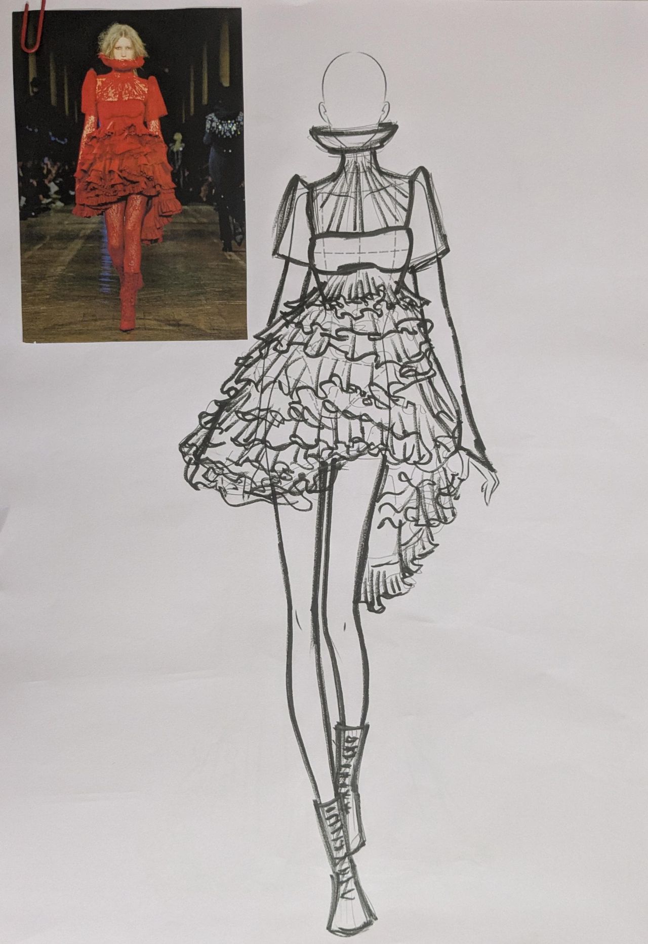 Line drawing illustration of structured McQueen silhouette with intricate details