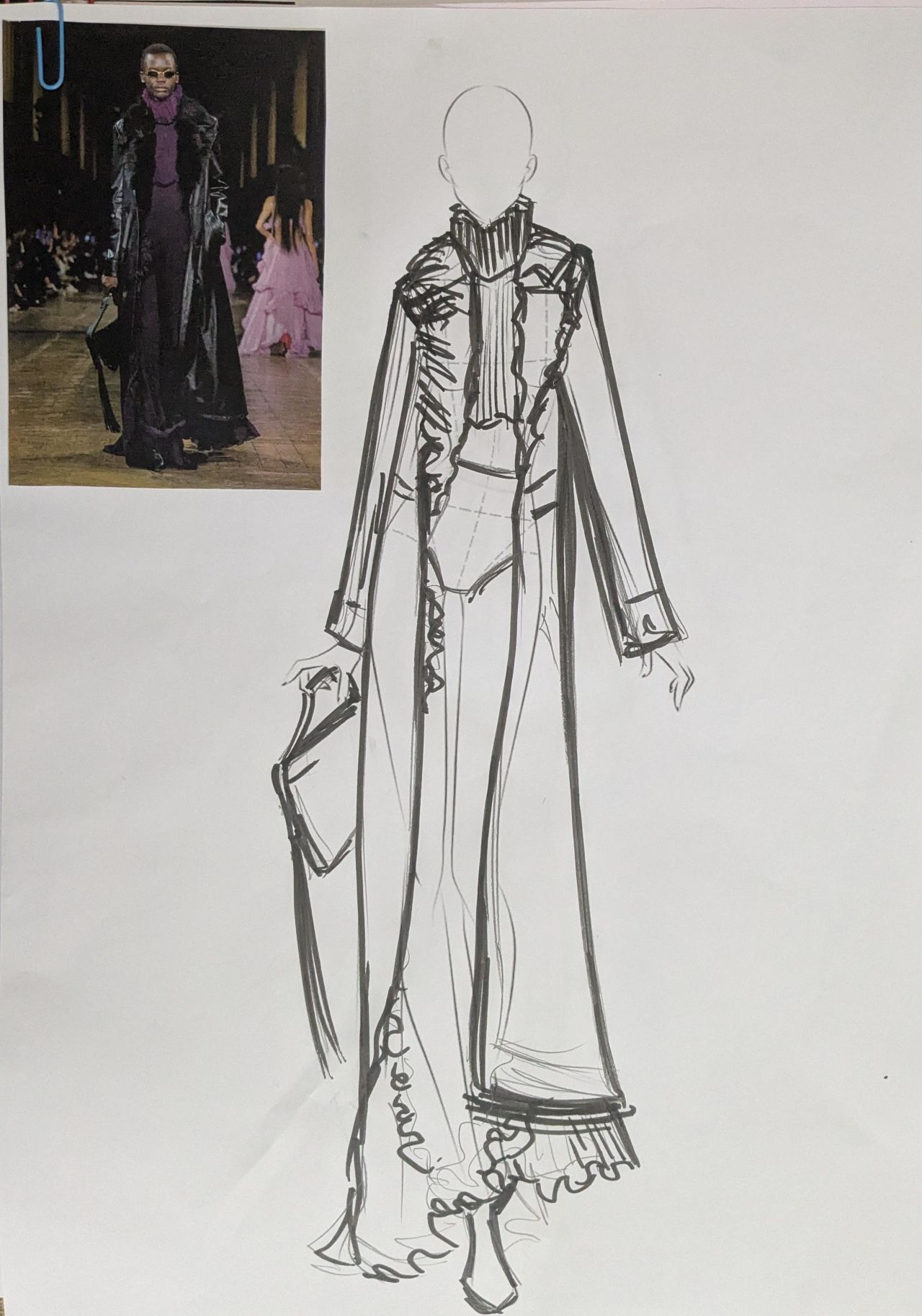 Close-up illustration detail showing intricate seaming and construction techniques from a McQueen garment